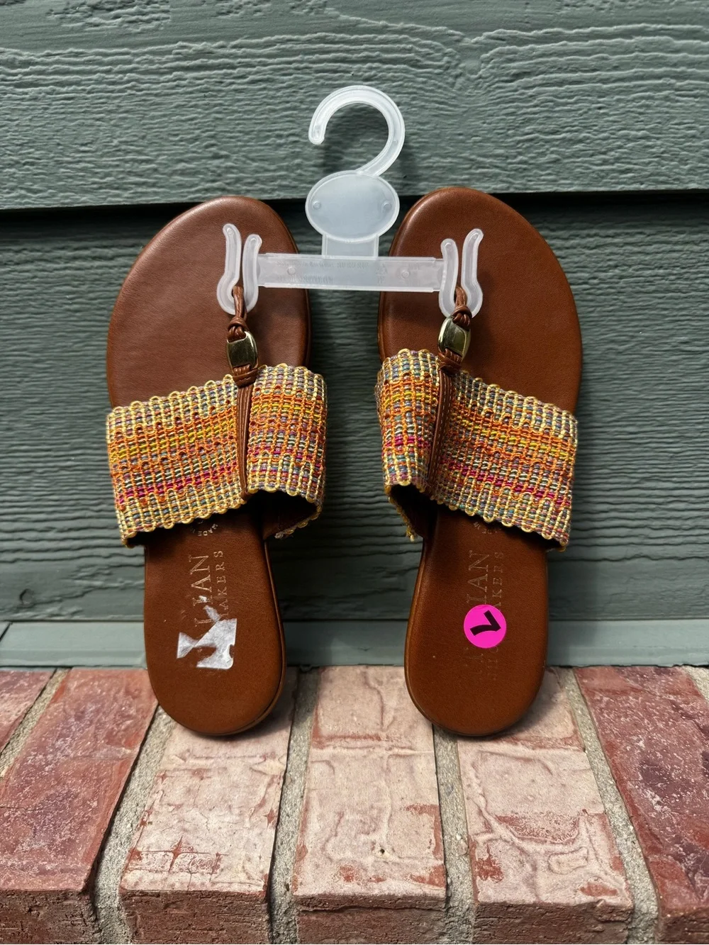 Italian Shoemakers Brown Slide Sandals with Yellow-Multi Woven Strap